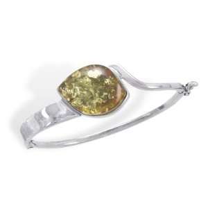  Sterling Silver Polished Hinged Bangle With Green Amber 
