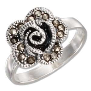    Sterling Silver Marcasite Blooming Flower Ring (size 06): Jewelry