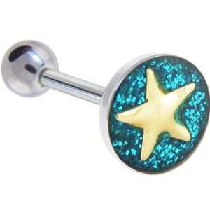  Blue Gold Glitter Star Barbell Tongue Ring: Jewelry