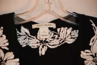 White House Black Market Black Silk Cardigan White Floral Embroidery V 