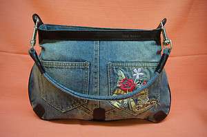 TED BAKER denim Jean Blue & Dark Leather Trim w/flower Embroidered 