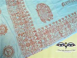   OM Blue Meditation Scarf Shawl Handloomed cotton screen printed India