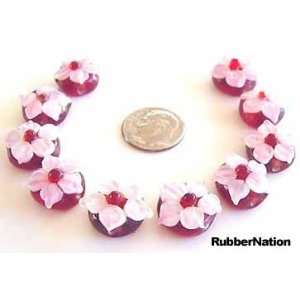  Applique Flower Lampwork Glass Beads PINK RED 12mm 10pc 