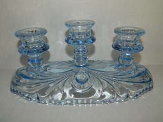 Vintage Blue Depression Glass 3 Candle Candleabra Holder  