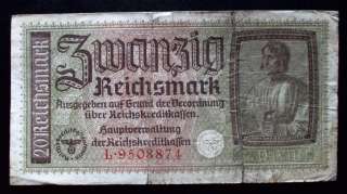 GERMAN WW2 NAZI 20 REICHSMARK BANKNOTE WITH 2 SWASTIKAS  
