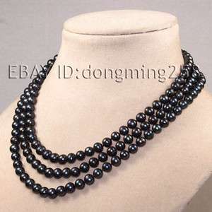 natural 3 rows 7 8mm black fresh water round akoya pearl necklace 
