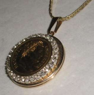   Faux French Napoleon Coin Surrounded by Rhinestones, Gold Tone  
