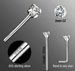 925 Sterling Silver Nose Stud Screw Bone Pin Studs 2mm  
