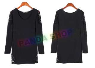   Black Lacy Round Collar Shirt Stretch Dress Top Long T shirt Clubwear