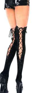 CRUSHED VELVET Thigh High Stockings w/ LACE UP BACK SEAMS BLACK O/S 
