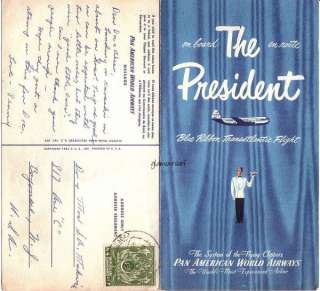 1952 PAN AM Pan American The President First Class Menu & Post Card 
