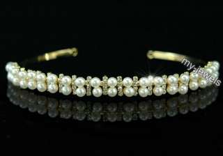Bridal 2 Row Pearl Crystal Gold Pl Headband Tiara T1300  