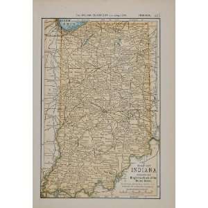  1891 Print Map Indiana State Geographical Geography 