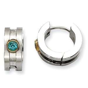   Teal Cz Stone & Gold Plated Hinged Hoop Earrings Chisel Jewelry