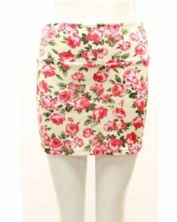    Ladies Ivory Mini Skirt Pink Roses Green Leaf Print Clothing
