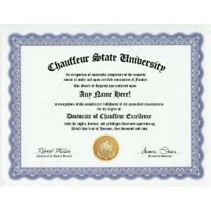  Chauffeur Degree Custom Gag Diploma Doctorate Certificate 