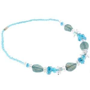Curved Oval and Faceted Rondell Glass Beads Necklace   Light Blue and 