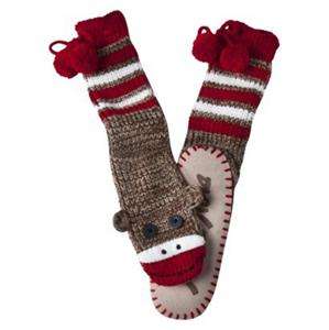 Womens Nick & Nora Brown Red Sock Monkey Slipper Socks Mukluks S/M L 