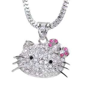 Large Hello Kitty Charm Pendant Silver Tone with White & Pink Crystal 