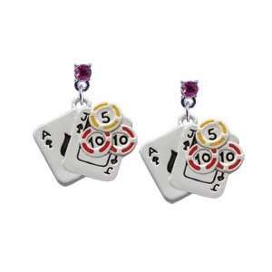 Cards with Poker Chips Hot Pink Swarovski Post Charm Earrings [Jewelry 