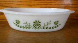 Vintage GLASBAKE 1 quart oval casserole dish green white flowers retro 