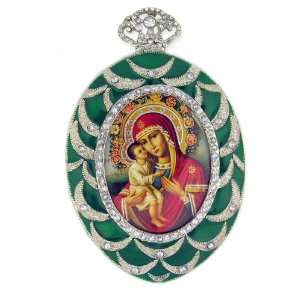   Russian Icon Pendant Medal Madonna & Child New Green Frame Jewelry
