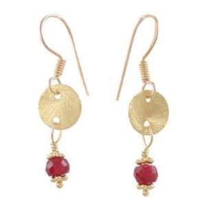  Brushed Satin Gold Vermeil Disc Dangle Earrings with Ruby 