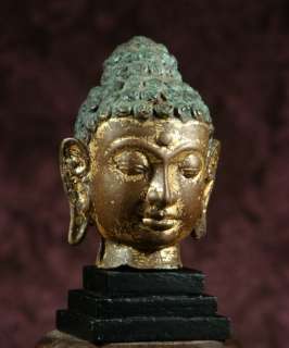 BUDDHA HEAD OF TIBETAN SHAKYAMUNI, GILDED BRONZE, SUPERB PATINA, late 