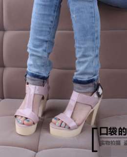 Women Shiny T Bar Block High Heel Pump Sandal Shoes 1jP  