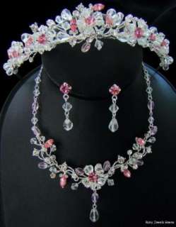 Couture PINK Crystal Bridal Wedding Jewelry & Tiara Set  