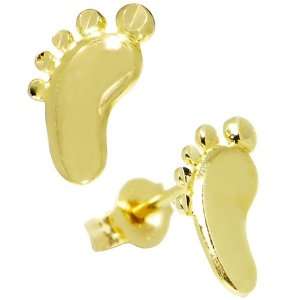  14k Yellow Gold Pretty Feet Stud Earrings: Jewelry