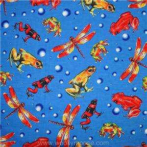 HALF YARD Tropical Frog Dragonfly INSECTS Bright Blue Quilting Fabric 