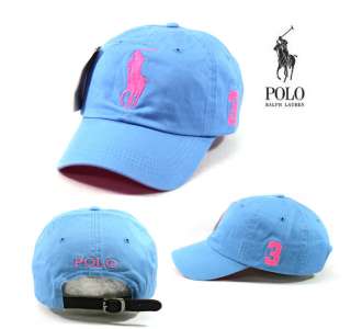 Polo Baseball Cap Golf Tennis Outdoor Hat Light Blue with Pink Big 