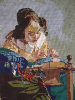 Vintage completed Royal Paris VERMEER needlepoint The Lacemaker 14x18 