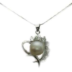  Half Flower Heart White Pearl Pendant in a Silver Chain 