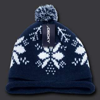 Navy Blue Snowflake Roll Up Beanie Pom Pom Winter Ski Hat Cap Skull 