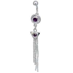   Purple Crystal Triangle Dangle February Belly Navel Ring Body Jewelry