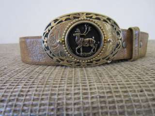 HUNTERS STAG SILVER BUCKLE AND LEATHER BELT SIZE 44  
