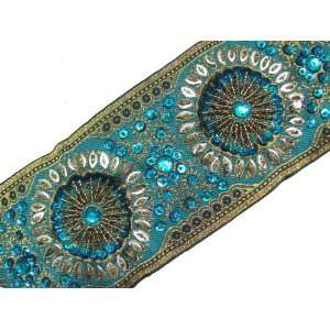  Blue Gold Beaded Trim Sequin Stone Wide Ribbon 3 Yard Lace 