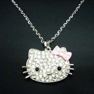 LOVELY LARGE Hello Kitty Face Pink Bow Crystal Charm Pendant Necklace 