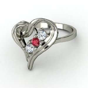  Mothers Heart Ring, Round Ruby 14K White Gold Ring with 