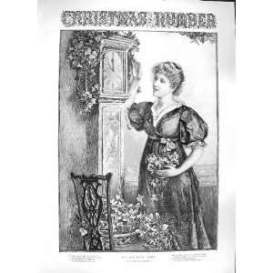  WALKER PRINT 1889 OLD HALL CLOCK YOUNG WOMAN HOLLY