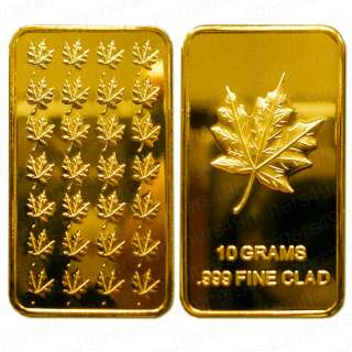 TEN GRAM 10g .999 FINE 24k GOLD CLAD MAPLE LEAF ART BAR  