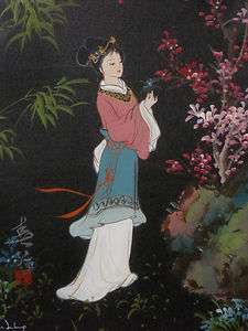   ASIAN ORIENTAL WOMAN IN FLOWER GARDEN PAINTING SIGNED MAN LING  