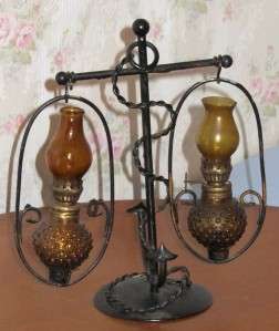   MINIATURE AMBER OIL LAMPS IN NAUTICAL WROUGHT IRON METAL HOLDER STAND