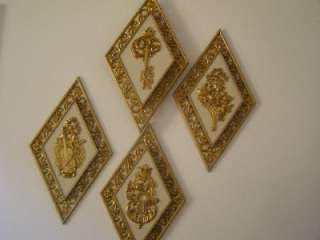 Vintage Syroco Dart Ind. 4 Pc Set Gold/White Diamond Wall Plaques 