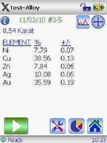 Screenshot of DELTA testing gold karat content   8.54 Karat