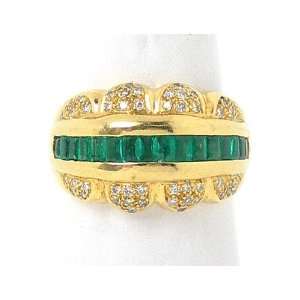  Stylish Vintage 18K Gold, Diamonds & Emeralds Band Ring 