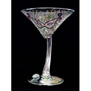 Mardi Gras Mask Design   Hand Painted   Sexy Stem Martini Glass   7 oz 