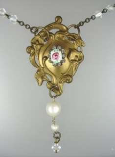 FRENCH Guilloche Enamel ROSE Art Nouveau NECKLACE Beads  